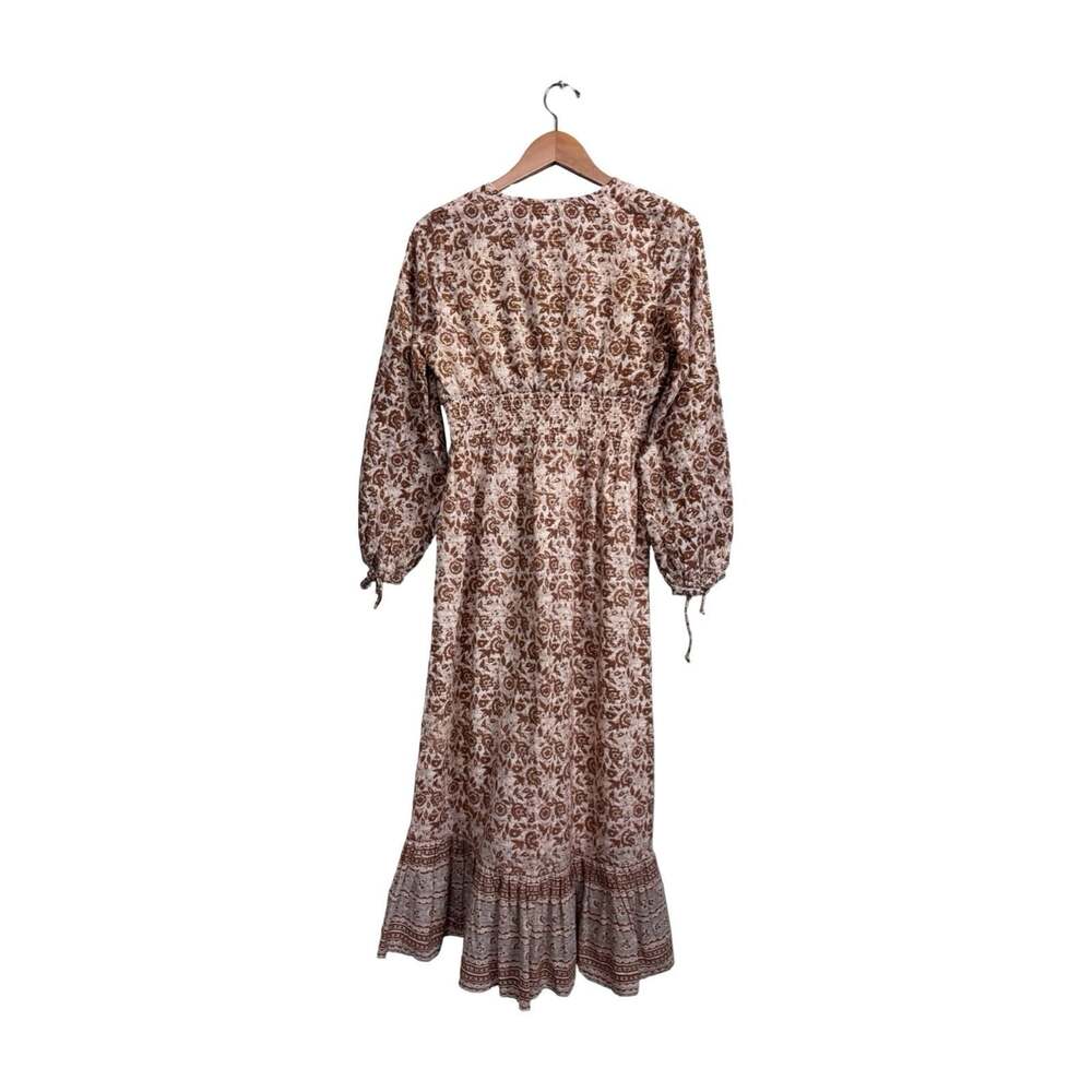 Cleobella Brown Ivory Floral Woven V-Neck Puff Sleeve Maxi Button Dress S - Picture 2 of 10